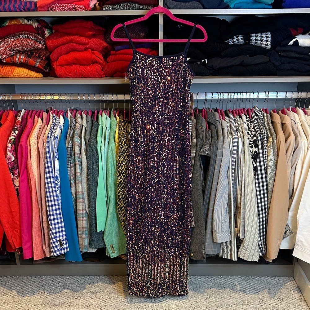 Wild Fable purple/iridescent sequins adjustable strap maxi dress size XXS NWT